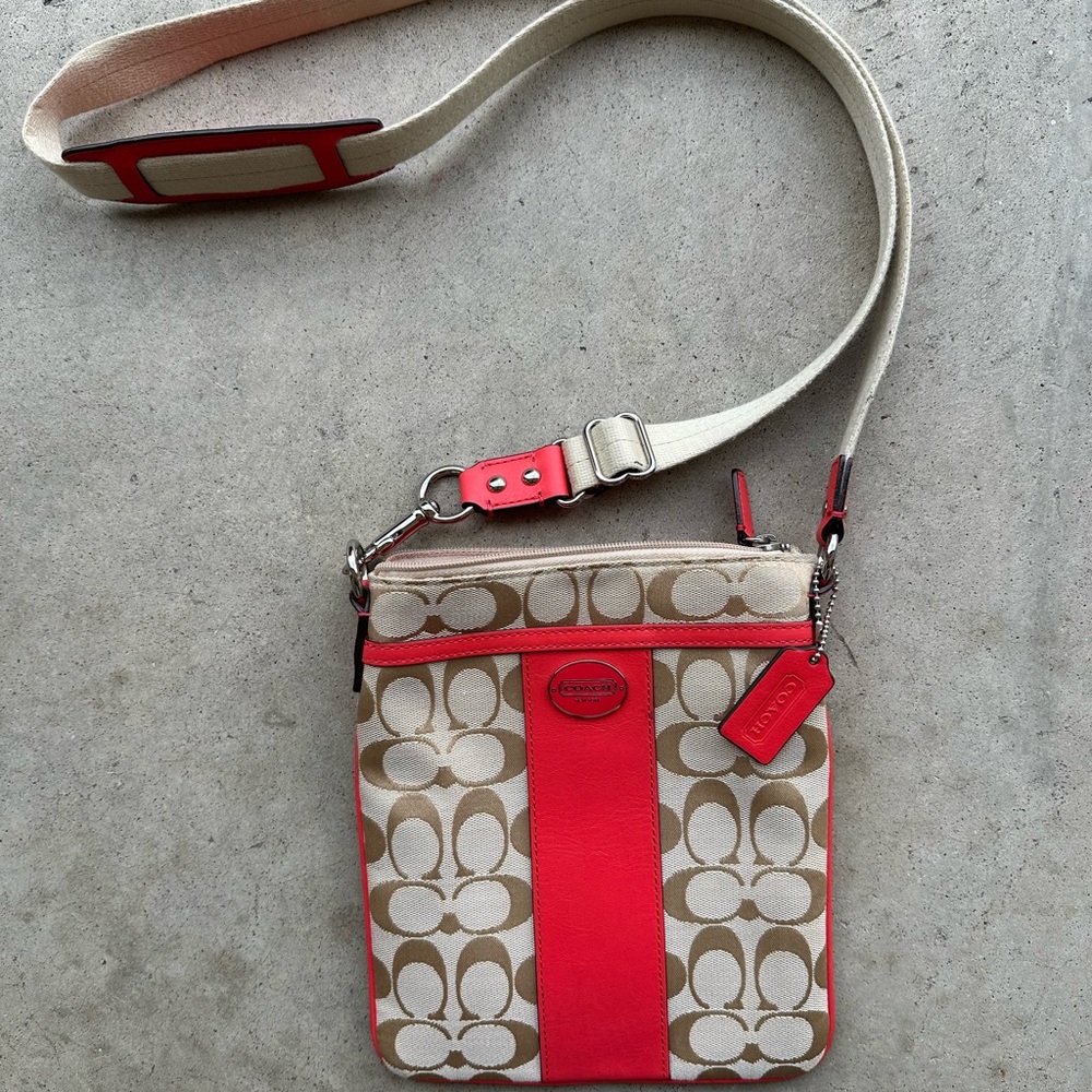 Signature Canvas Crossbody Bag - Red and Tan